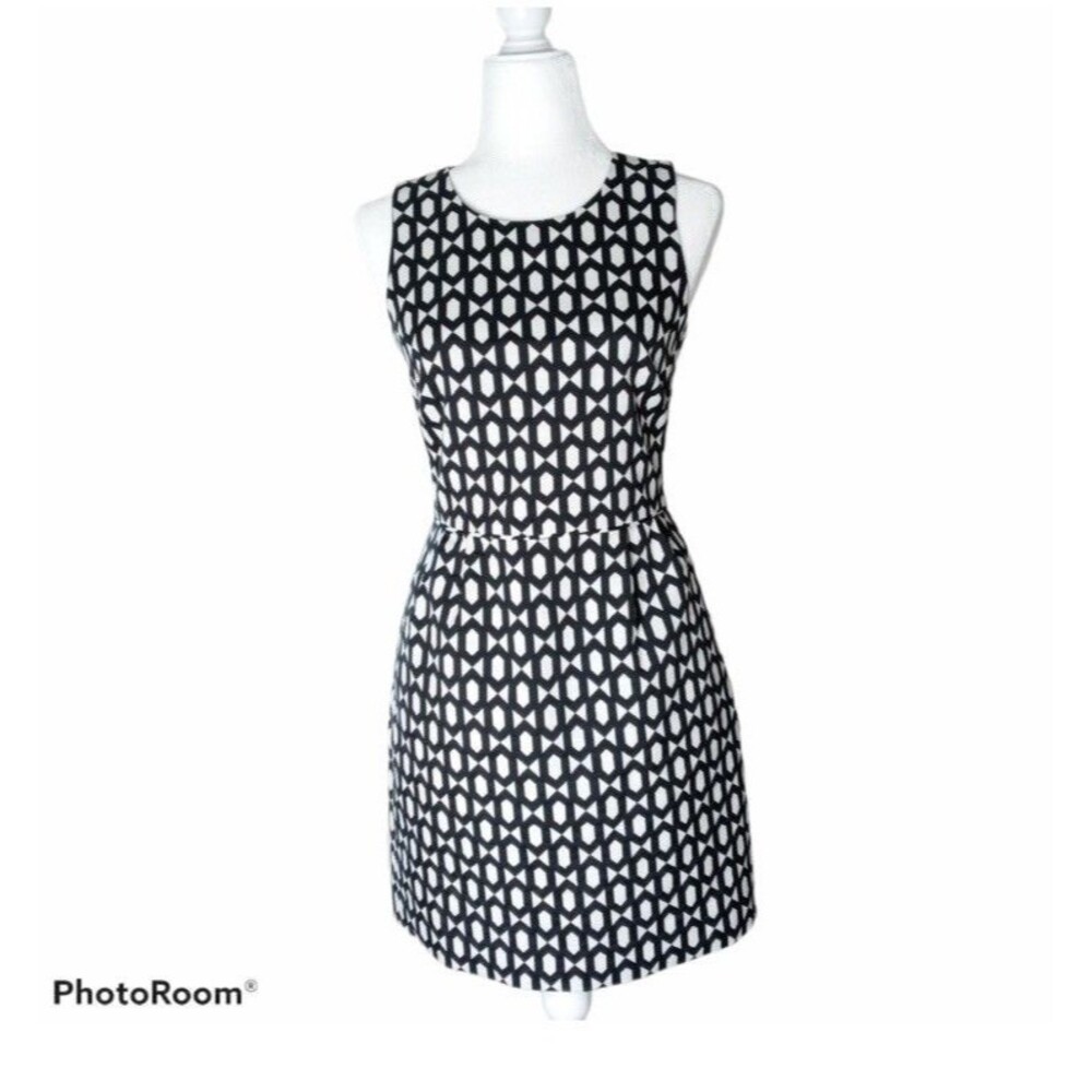 J Crew Black White Geometric Jacquard Dress Size 2 Sleeveless Pockets Mini